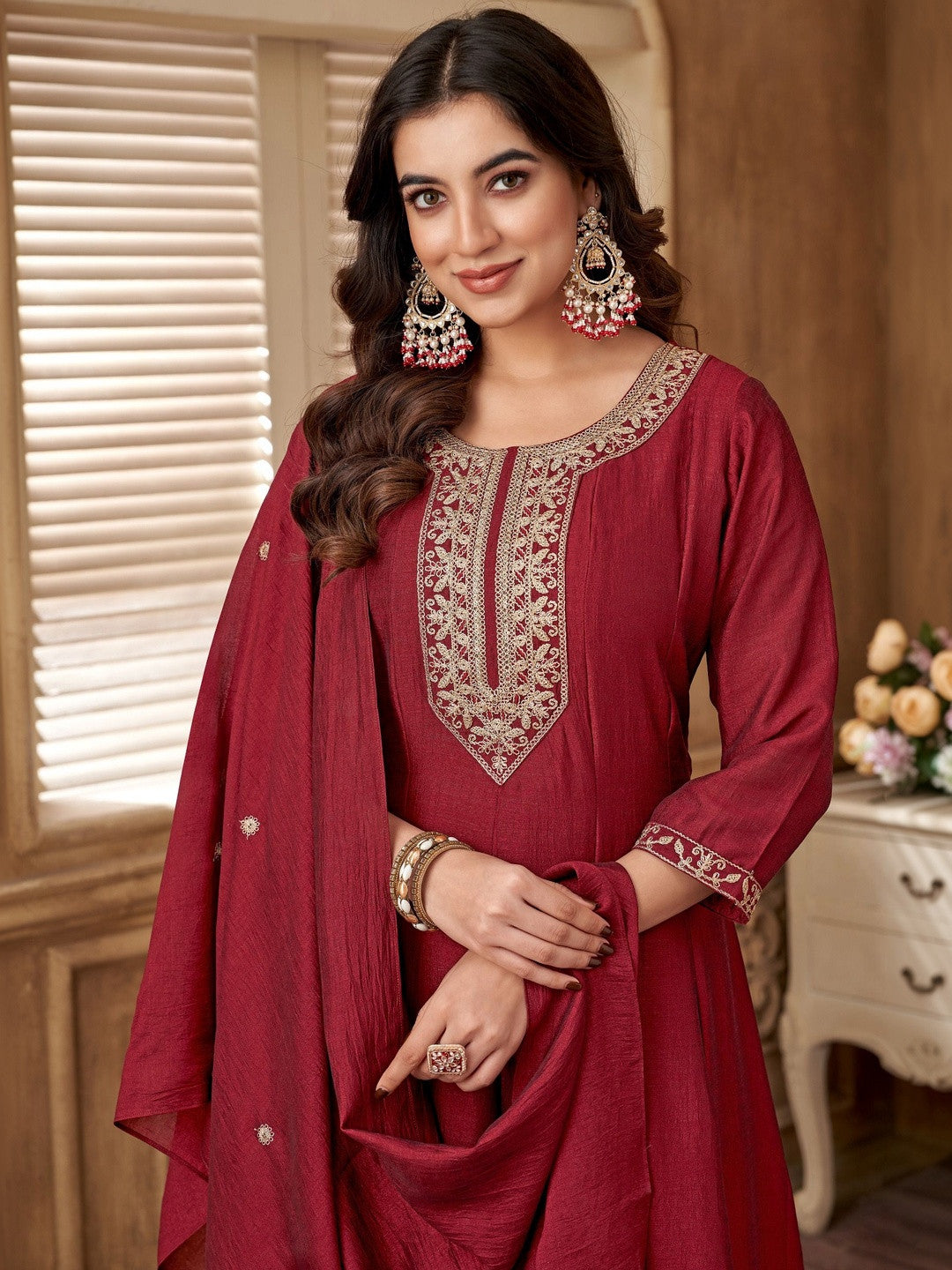 Embroidered Round Neck Kurta & Trousers With Dupatta