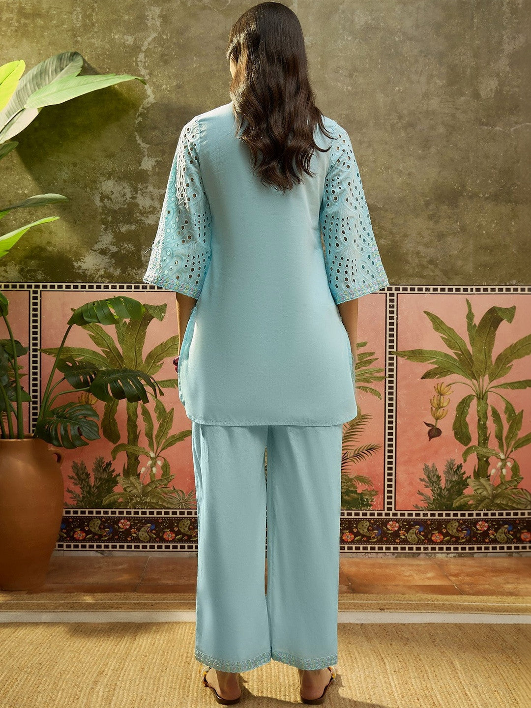 Embroidered Pure Cotton V-Neck Kurti & Trousers