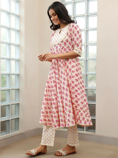 Women's LB Pink Printed Cotton Anarkali Suit With Dupatta