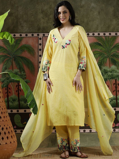 Embroidered Pure Cotton V-Neck Kurta & Trousers Kurta Sets