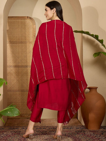 Floral Embroidered Round Neck Thread Work Kurta With Trousers & Dupatta