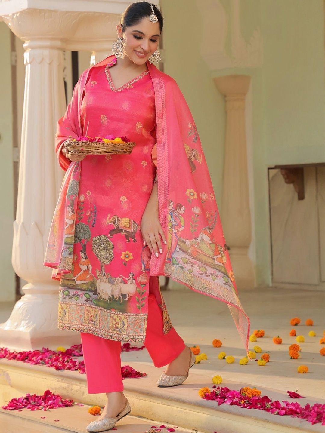Dhiyona RR Women's Printed Regular Chanderi Cotton Kurta with Trousers & Dupatta