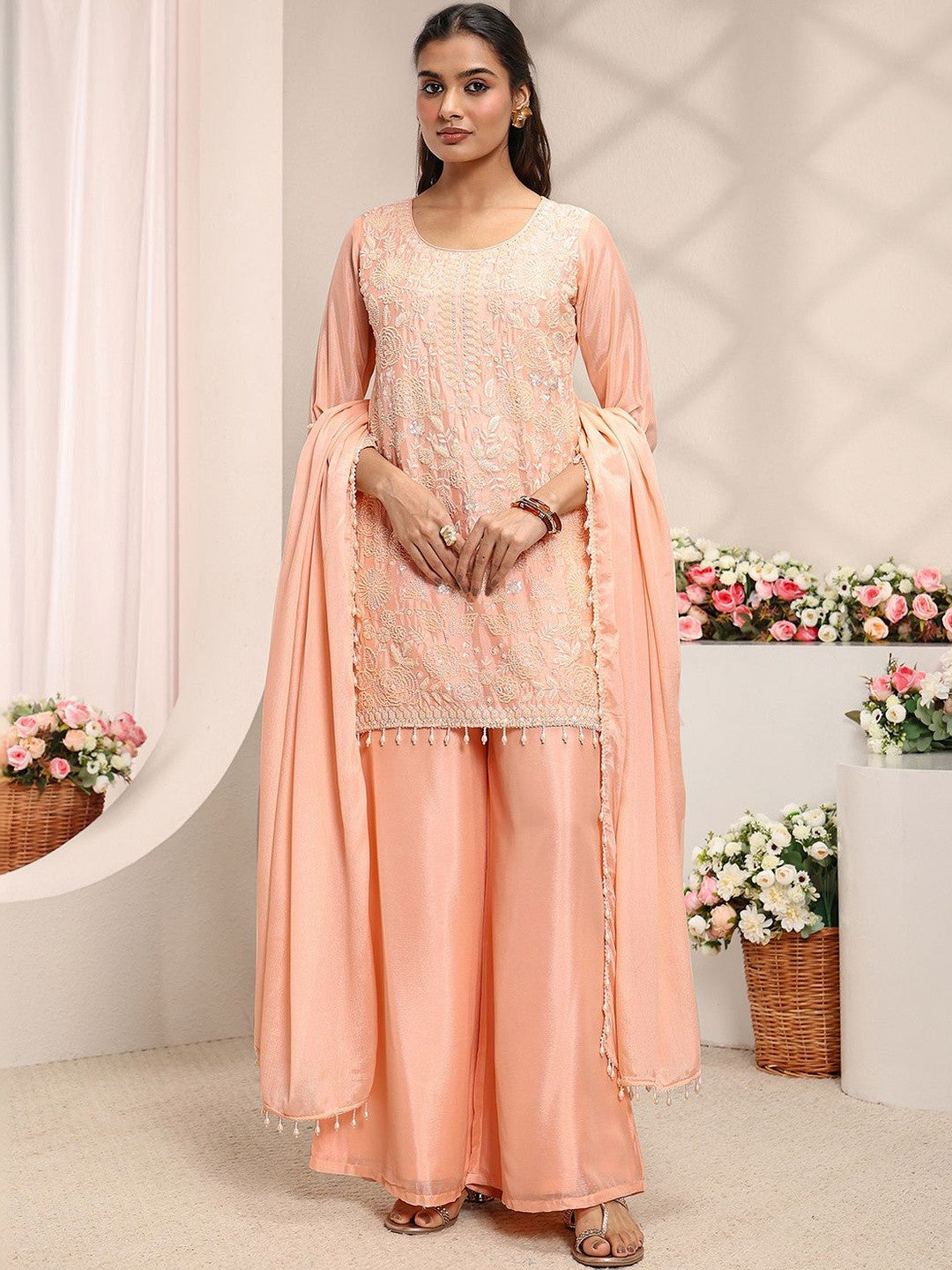 Peach Floral Embellished Chinon Straight Suit Set with Dupatta