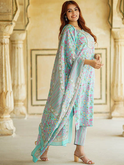 Dhiyona KL Floral Printed Mirror Work Pure Cotton Straight Kurta With Trousers & Dupatta