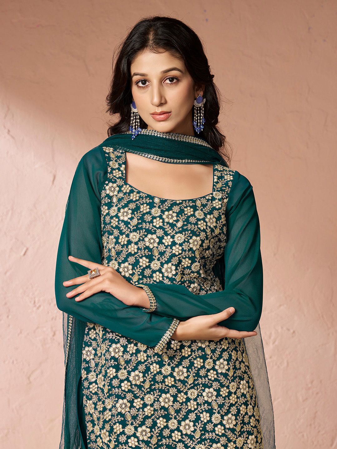Dhiyona IN Teal Floral Embroidered Sequinned Georgette Kurta With Sharara & Dupatta