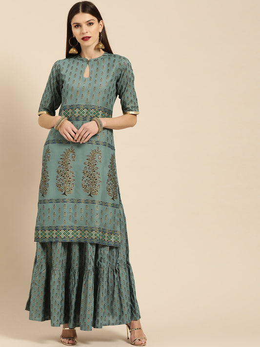 Women Blue & Golden Printed Kurta with Skirt