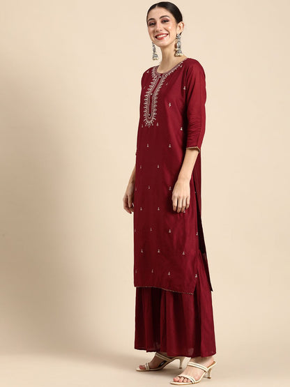 Dhiyona AN Women Maroon Embroidered Kurta with Sharara & With Dupatta