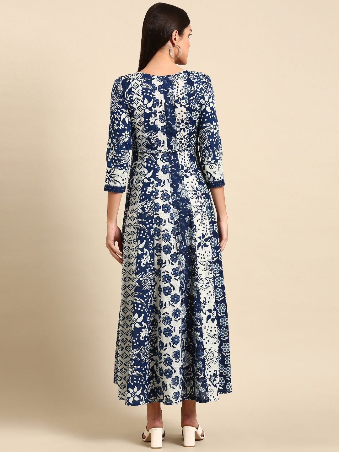Dhiyona AY Women's Blue Floral Ethnic A-Line Cotton Maxi Ethnic Dress