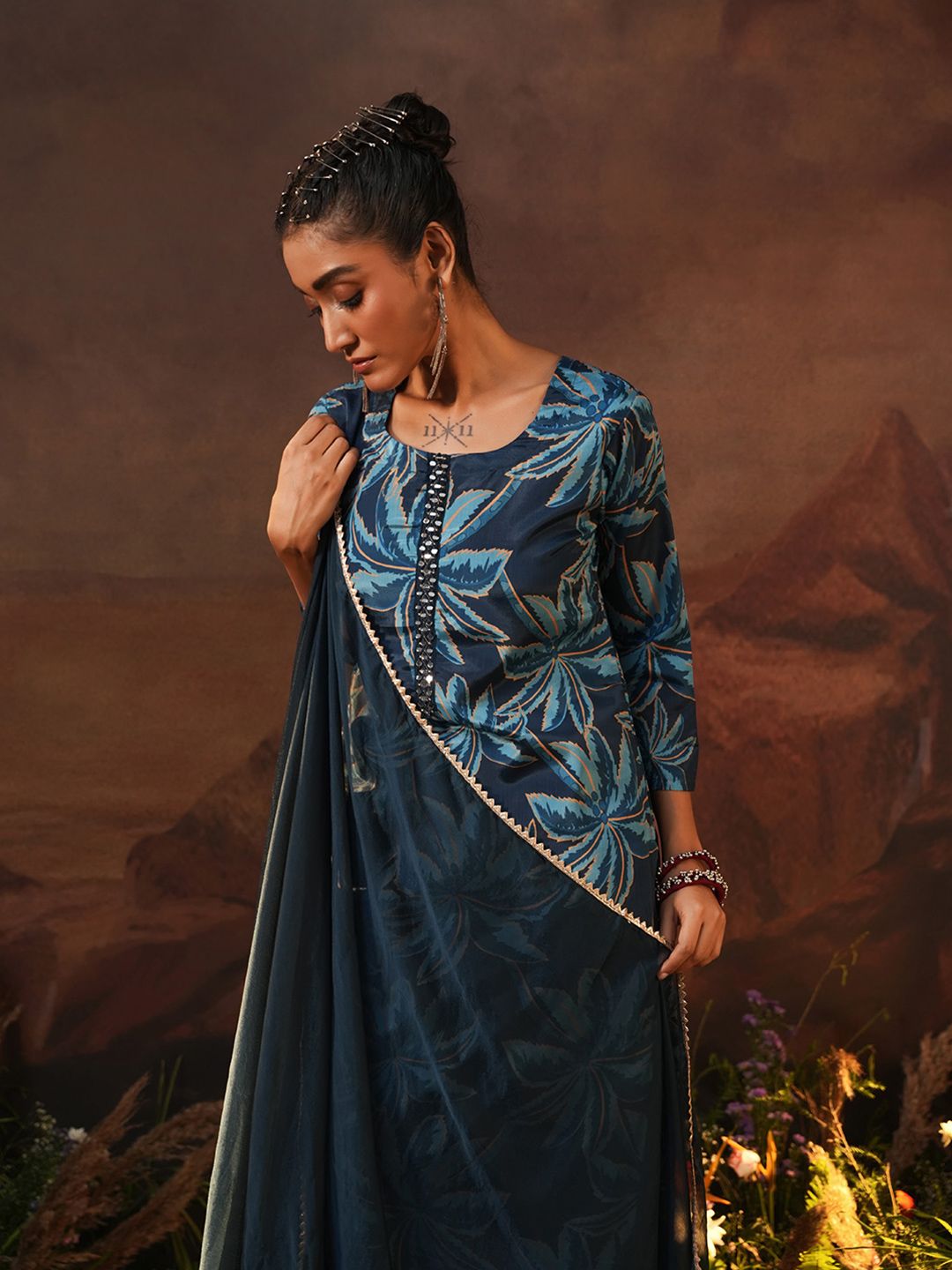 Dhiyona IS Women's Navy Blue Floral Printed Beads And Stones Straight Kurta With Trousers & Dupatta