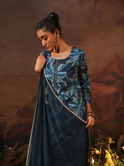 Dhiyona IS Women's Navy Blue Floral Printed Beads And Stones Straight Kurta With Trousers & Dupatta