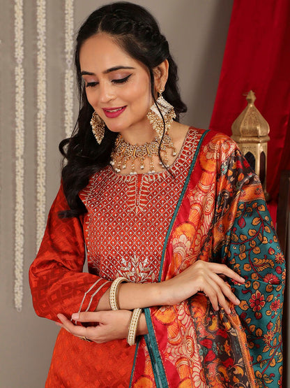 Rust Women Rust Yoke Design Kurta with Trousers & With Dupatta