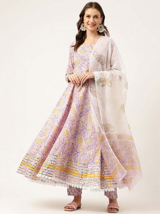 Dhiyona KL Floral Printed Regular Gotta Patti Pure Cotton Kurta With Trousers & Dupatta