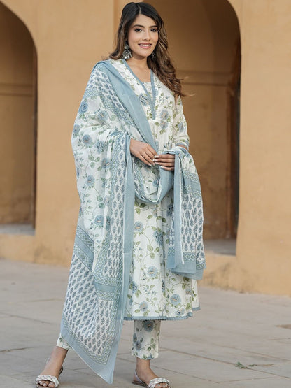 Dhiyona KL Women Floral Printed Regular Thread Work Pure Cotton Kurta with Trousers & With Dupatta