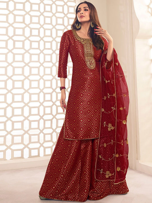 Dhiyona IN Zari Woven Yoke Design Embroidered Stright Kurta Set