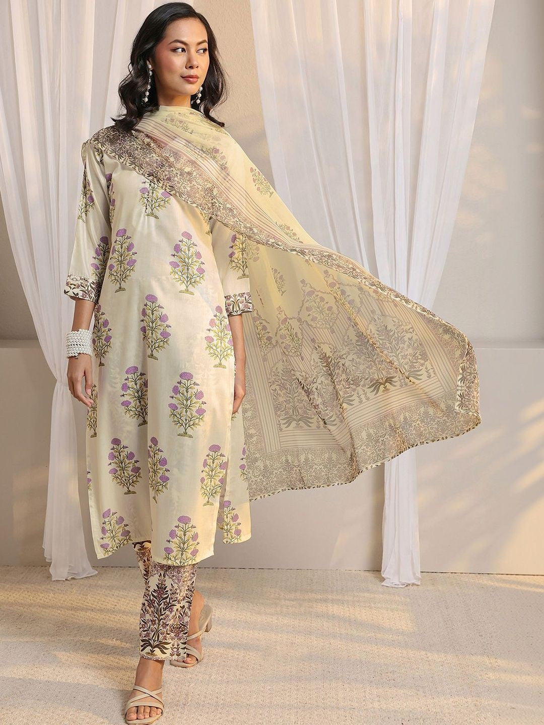 Off White Floral Printed Chanderi Silk Straight Suit Set with Dupatta