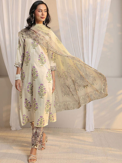 Off White Floral Printed Chanderi Silk Straight Suit Set with Dupatta