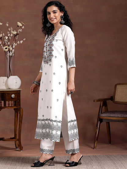 Women Ethnic Motifs Embroidered Regular Thread Work Linen Kurta with Trousers & With Dupatta