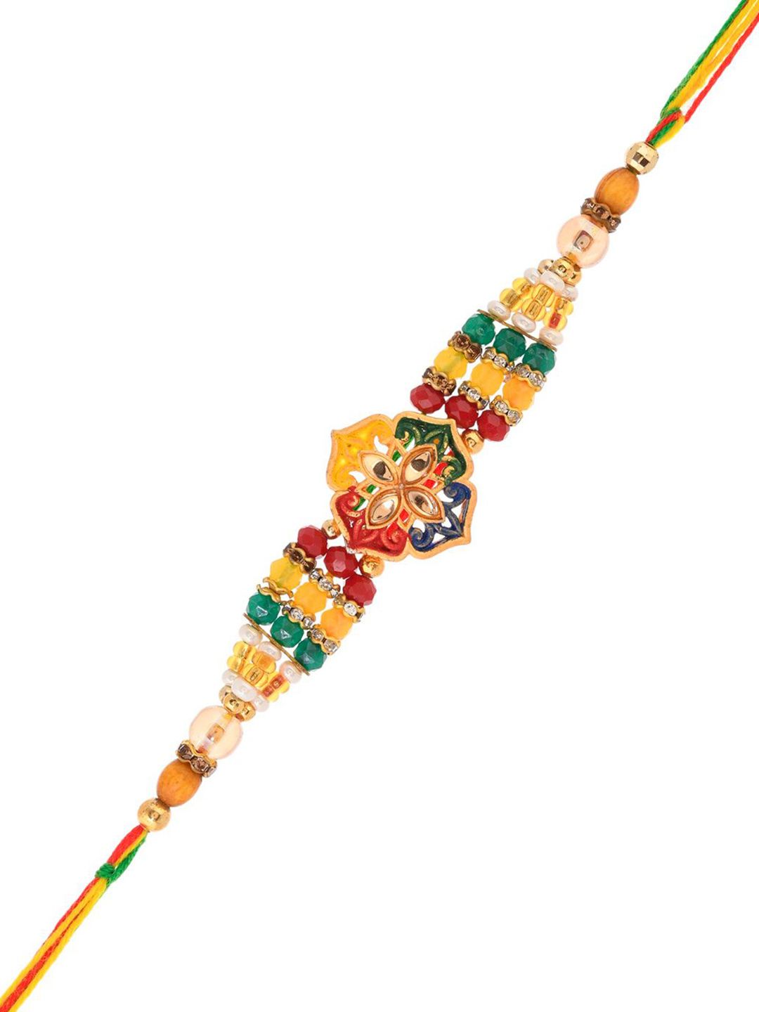 Dhiyona Green Stone Studded & Beaded Thread Rakhi With Roli Chawal With Greeting Card