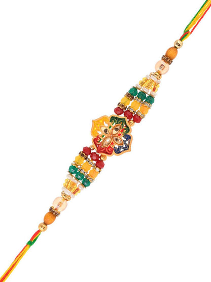 Dhiyona Green Stone Studded & Beaded Thread Rakhi With Roli Chawal With Greeting Card