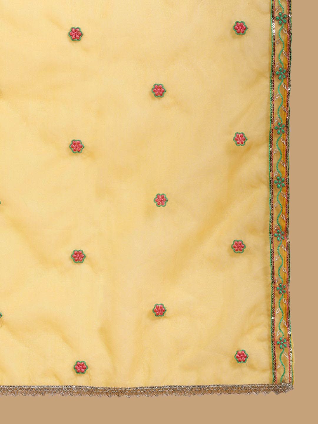 Dhiyona KL Floral Embroidered V-Neck Pleated Anarkali Kurta with Trousers & Dupatta