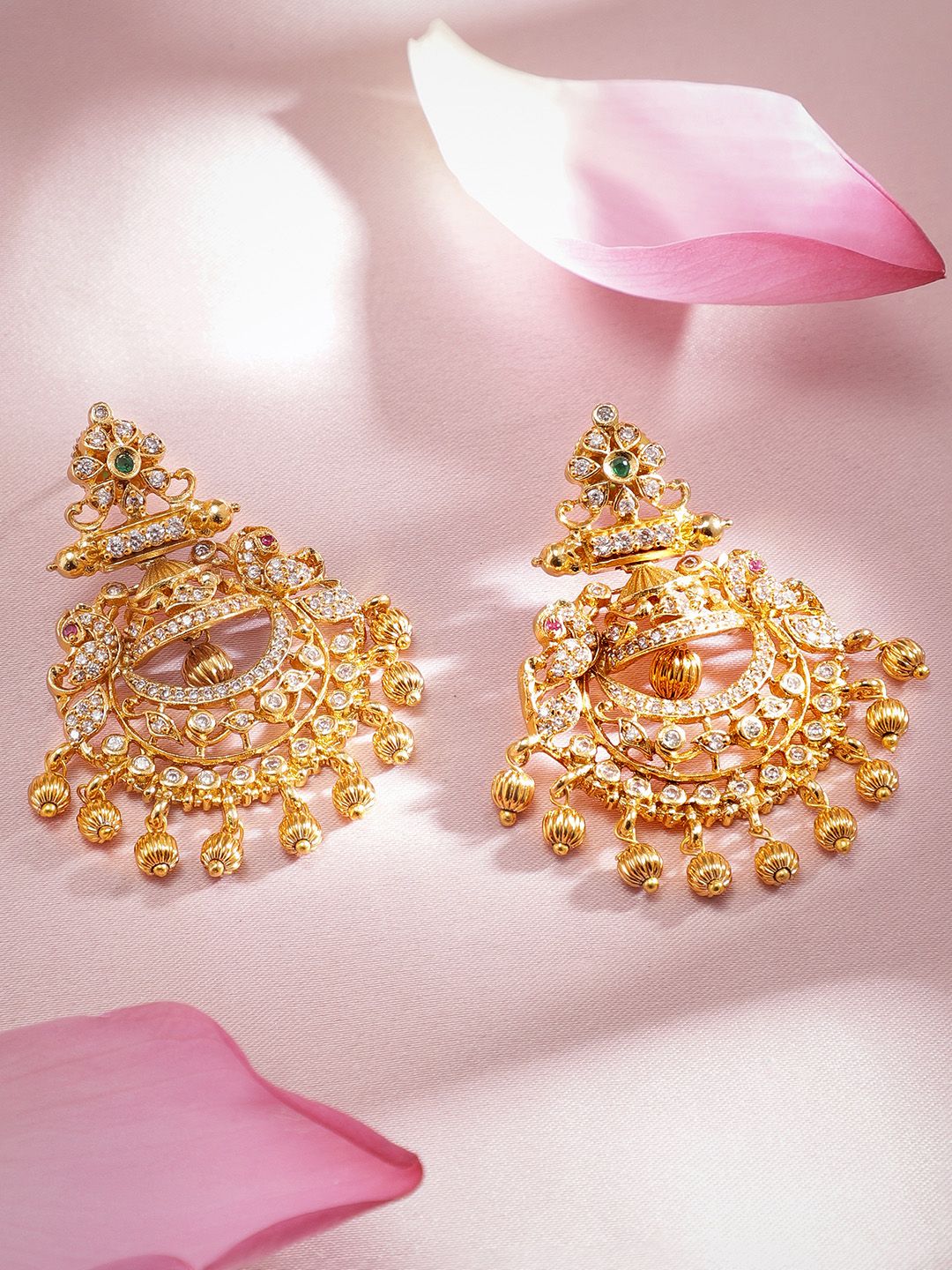 Dhiyona RJ Women's 22K Gold-Plated Emerald & Cubic Zirconia Studded Chandbali Earrings with Gold Beads
