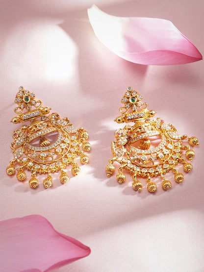 Dhiyona RJ Women's 22K Gold-Plated Emerald & Cubic Zirconia Studded Chandbali Earrings with Gold Beads