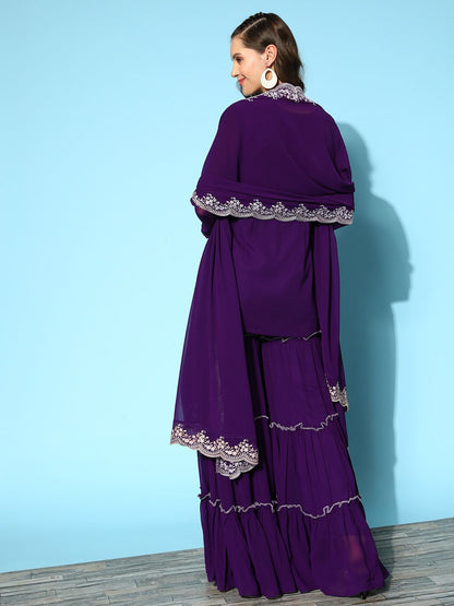Dhiyona IN Ethnic Motifs Embroidered Thread Work Kurti With Sharara & With Dupatta