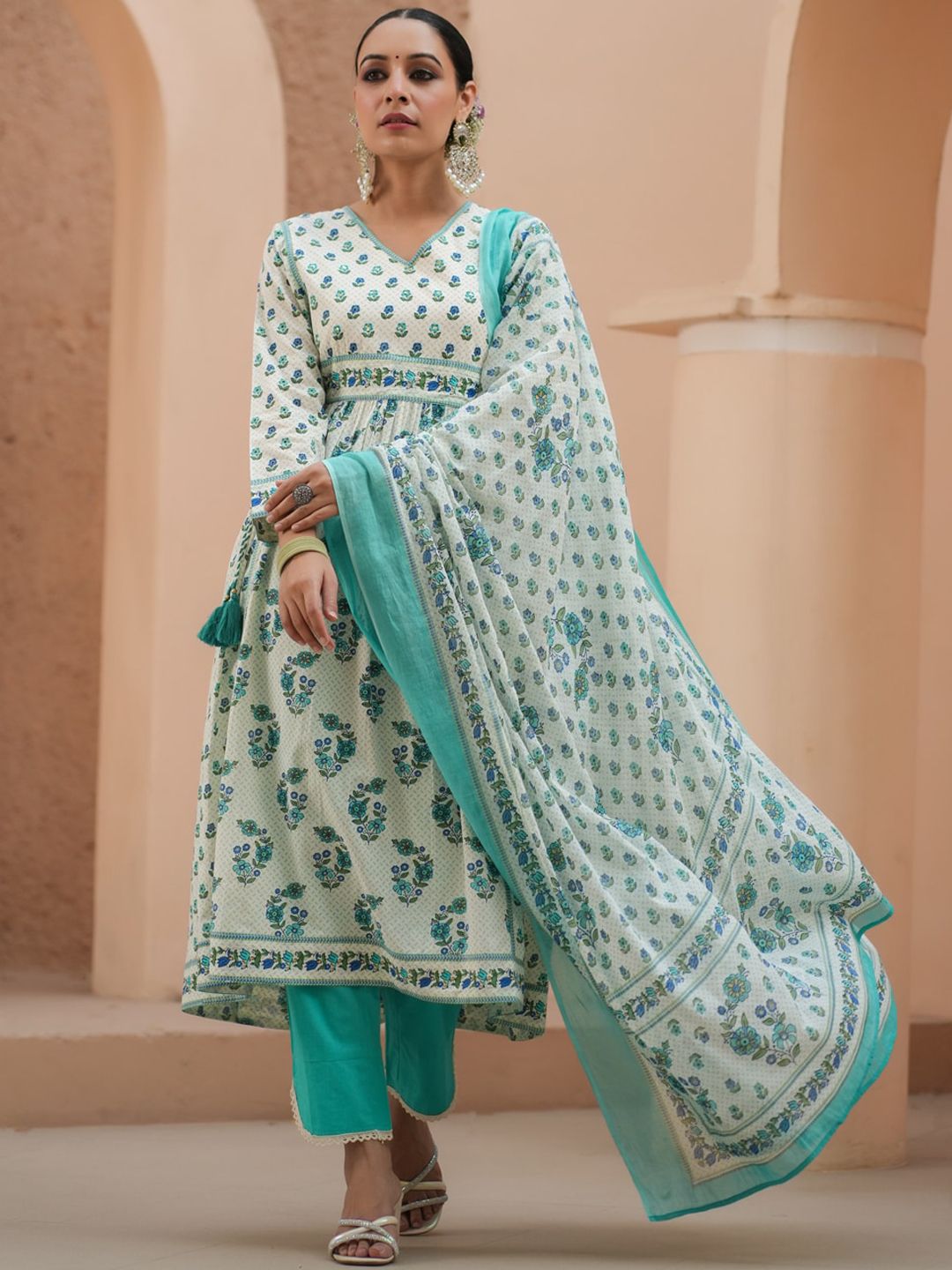 Dhiyona RR Women's Floral Printed Sequinned Pure Cotton A-Line Kurta With Trousers & Dupatta
