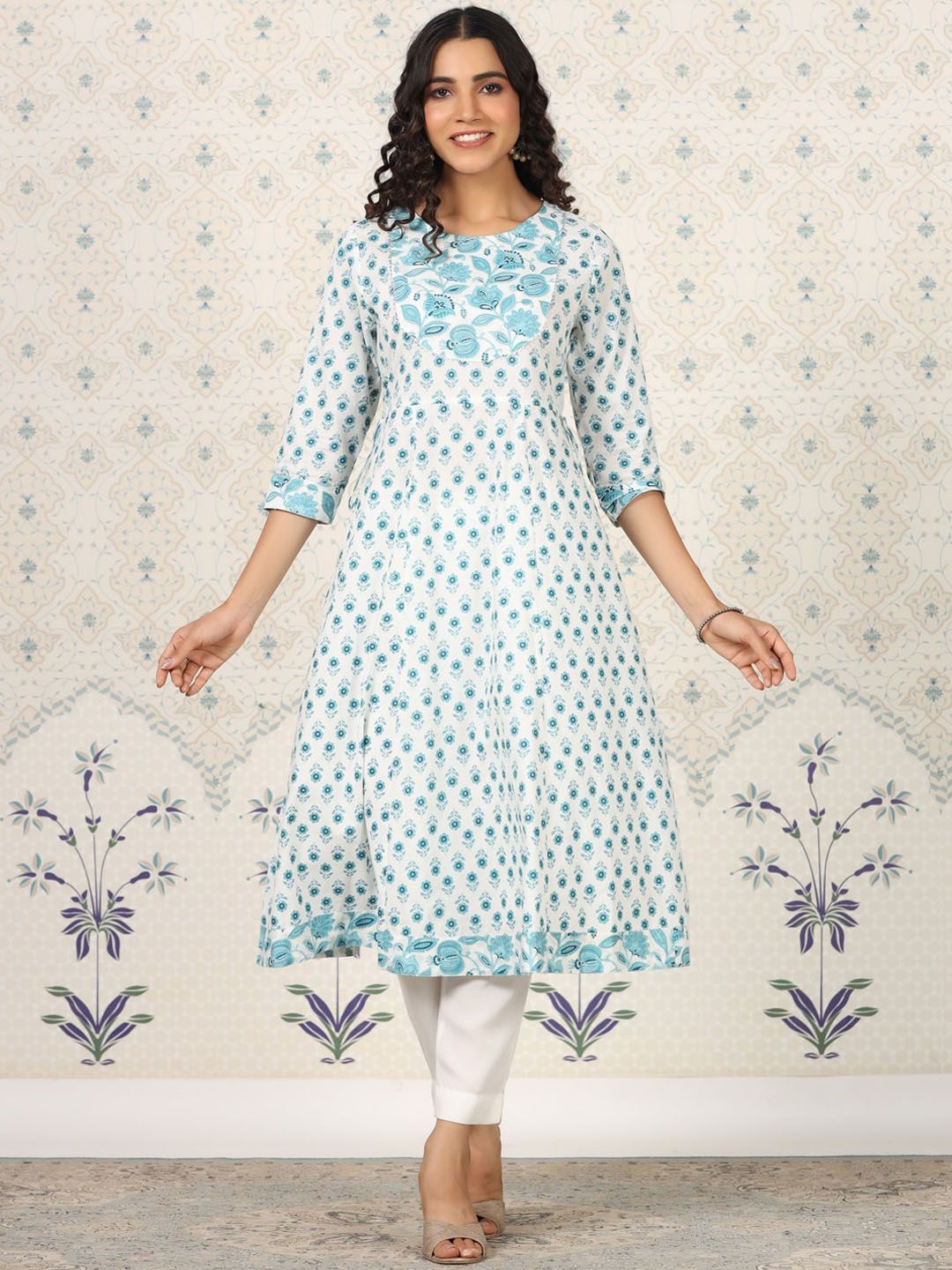 Dhiyona OD  Floral Printed Gotta Patti Pure Cotton A-Line Kurta