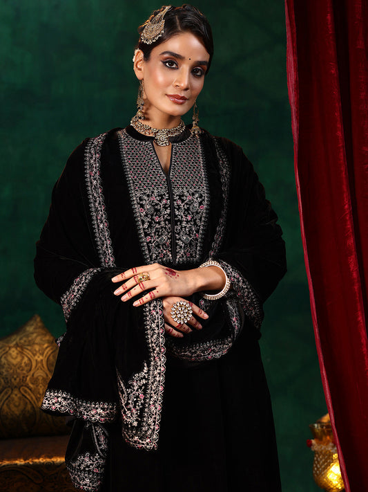 Floral Yoke Design Thread Work Velvet A Line Kurta with Palazzos & With Dupatta