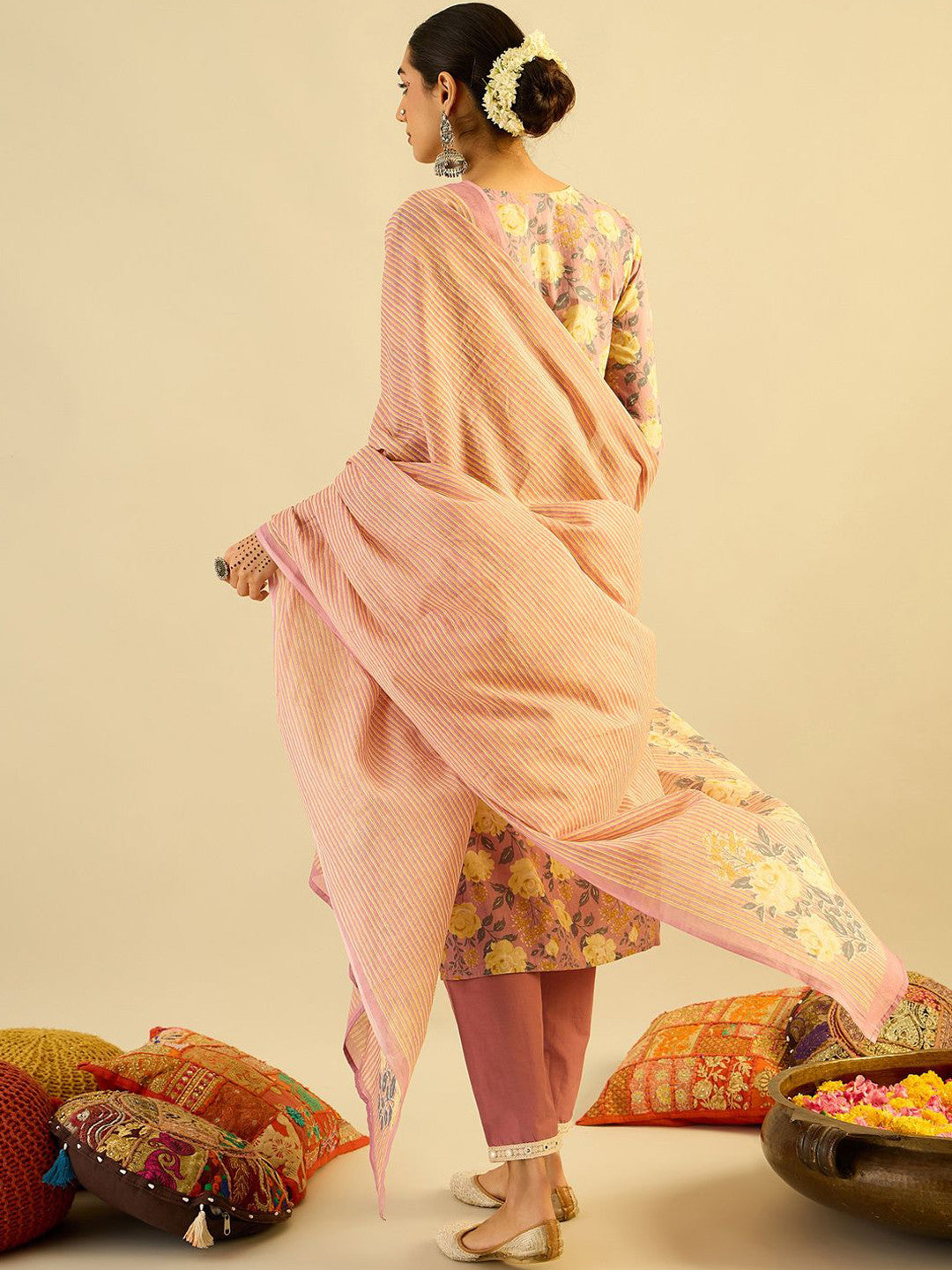 Floral Printed Pure Cotton Kurta With Trousers & Dupatta