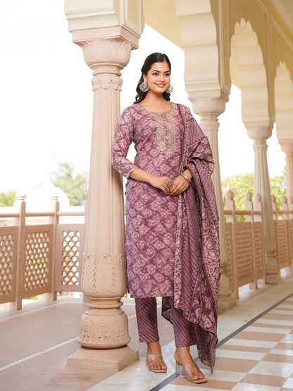 Dhiyona KL Ethnic Motifs Zari Embroidered Straight Kurta With Trousers & Dupatta
