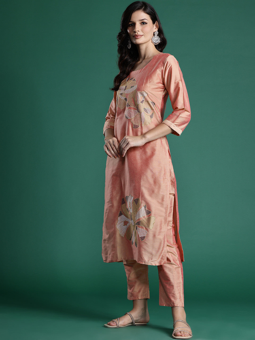 Floral Embroidered Thread Work Kurta with Trousers