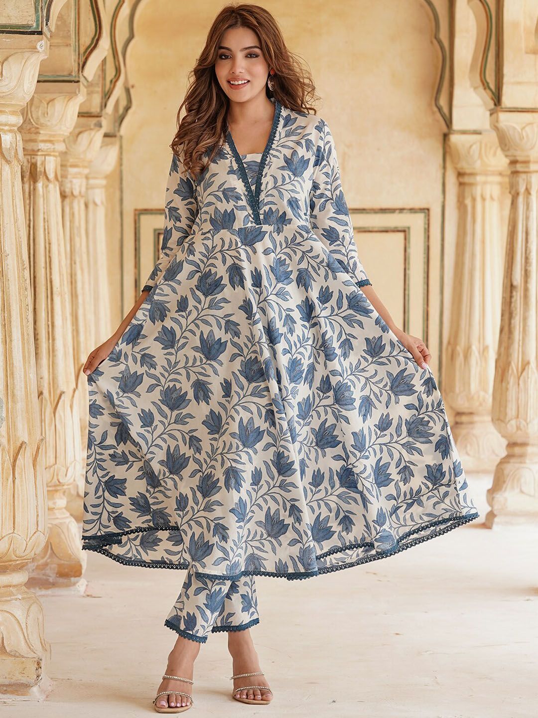Dhiyona KL Floral Printed Pure Cotton Anarkali Kurta With Trousers & Dupatta