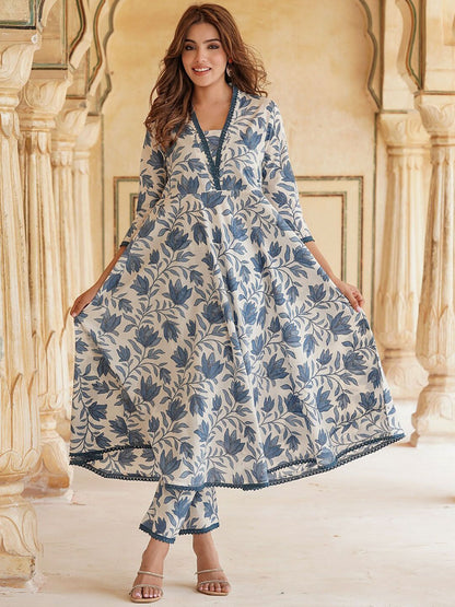 Dhiyona KL Floral Printed Pure Cotton Anarkali Kurta With Trousers & Dupatta
