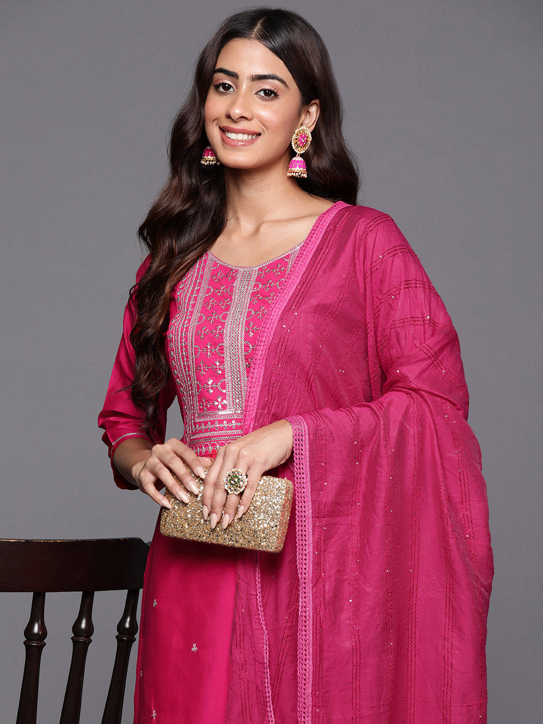 Ethnic Motifs Embroidered Regular Sequinned Kurta with Trousers & Dupatta