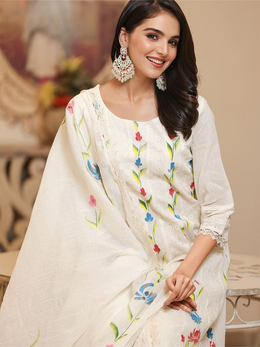 Dhiyona IS Women's Floral Embroidered Pure Cotton A-Line Kurta With Trouser & Dupatta