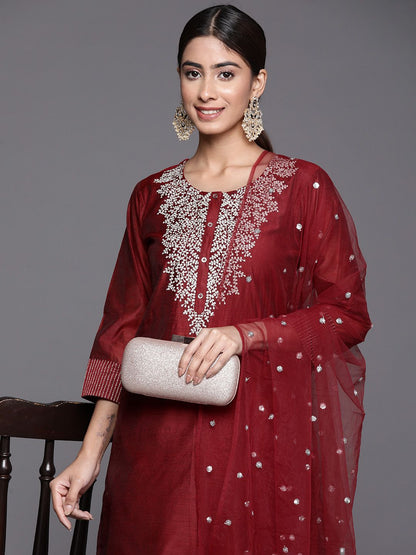 Maroon Floral Embroidered Regular Chanderi Silk Zari Kurta with Trousers & Dupatta