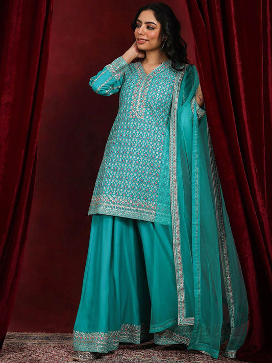 Dhiyona LL Floral Embroidered V-Neck Sequinned Straight Kurta With Palazzos & Dupatta