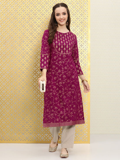 Dhiyona OD  Women Magenta Pink Floral Embellished Mirror Work Kurta