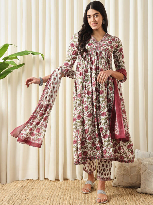 Dhiyona KL Floral Printed Pure Cotton Empire Kurta With Trouser & Dupatta