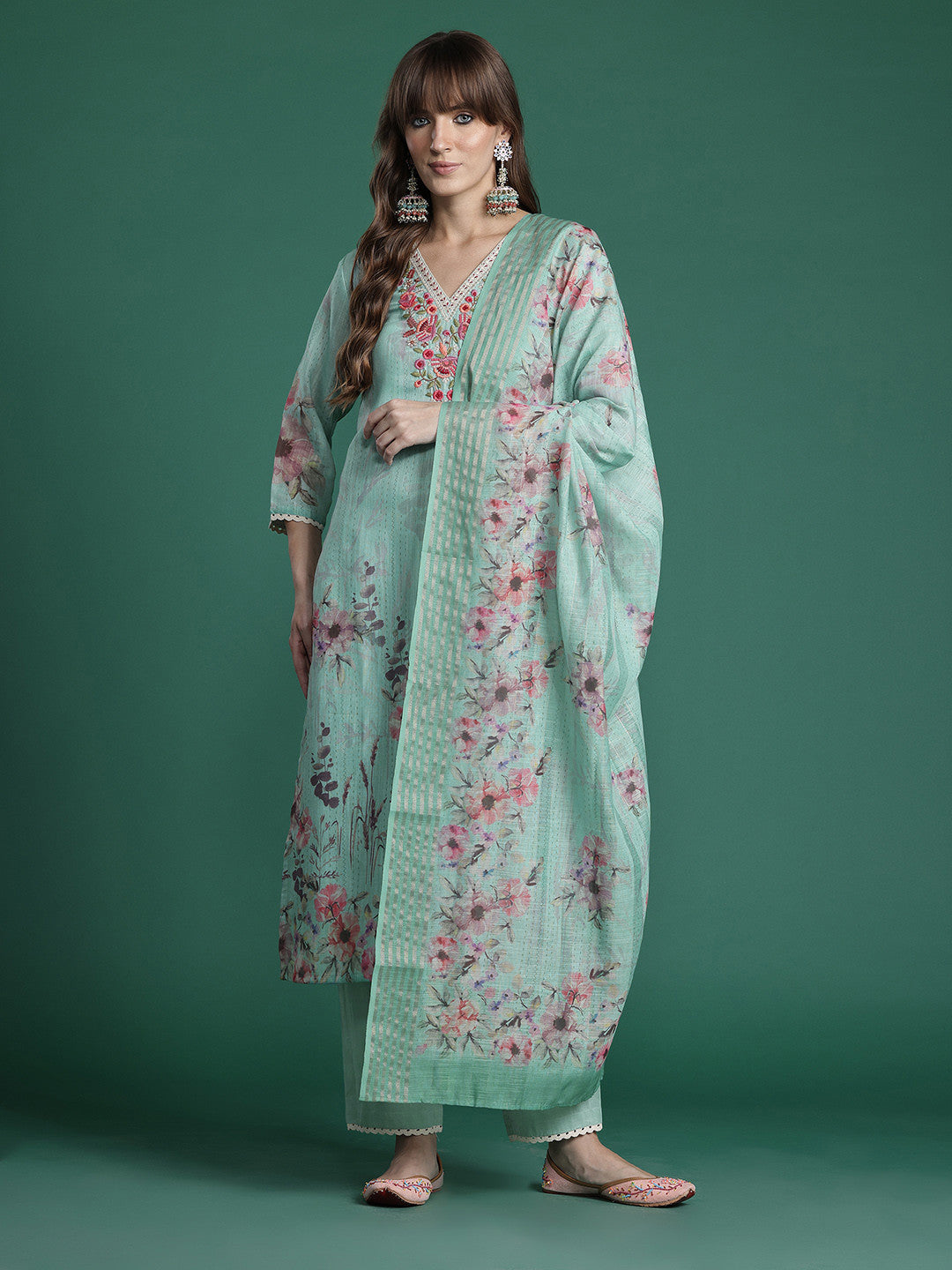 Floral Embroidered Thread Work Linen Kurta with Trousers & With Dupatta