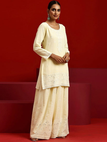 Dhiyona LL Ethnic Motifs Embroidered Round Neck Sequinned Kurta with Palazzos & Dupatta