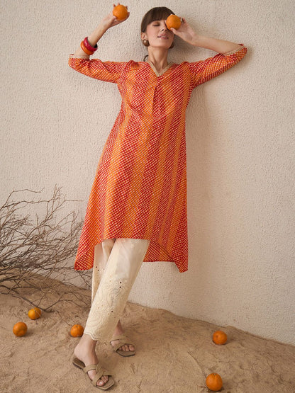 Dhiyona IE Leheriya Printed Pleated V-Neck Sequins Pure Cotton A-Line Kurta
