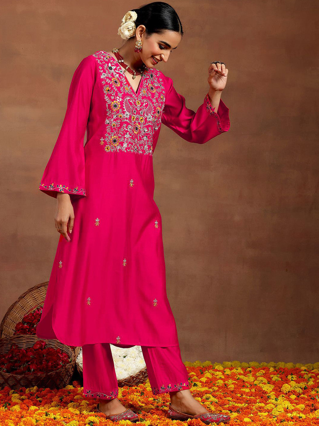 Ethnic Motifs Embroidered Sequinned V-Neck Straight Kurta With Trouser & Dupatta