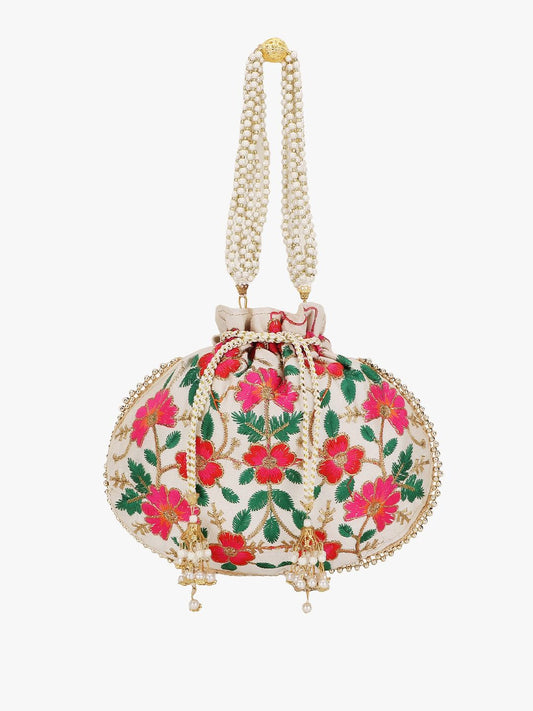 Dhiyona NR Women Cream-Coloured & Green Embroidered Tasselled Potli Clutch