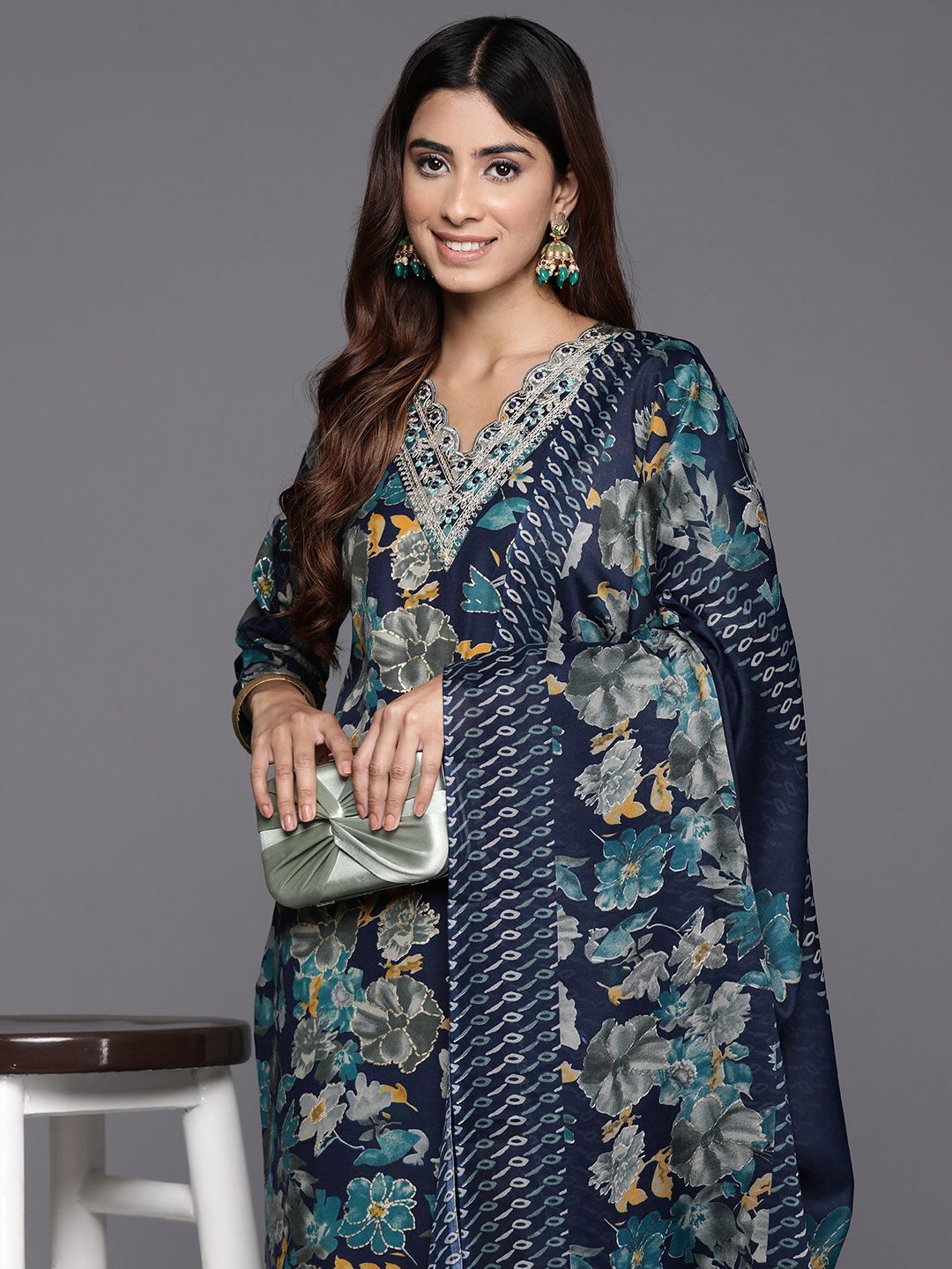 Blue Floral Printed Zari Embroidered Kurta with Trouser & Dupatta