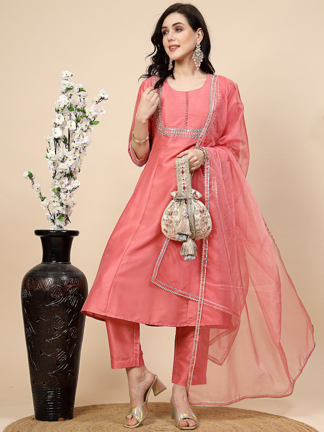Peach-Coloured Mirror Work Embroidered Anarkali Kurta & Trousers With Dupatta