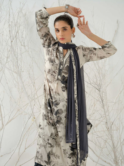 Dhiyona IS Women's Floral Printed Linen Straight Kurta with Trousers & Dupatta