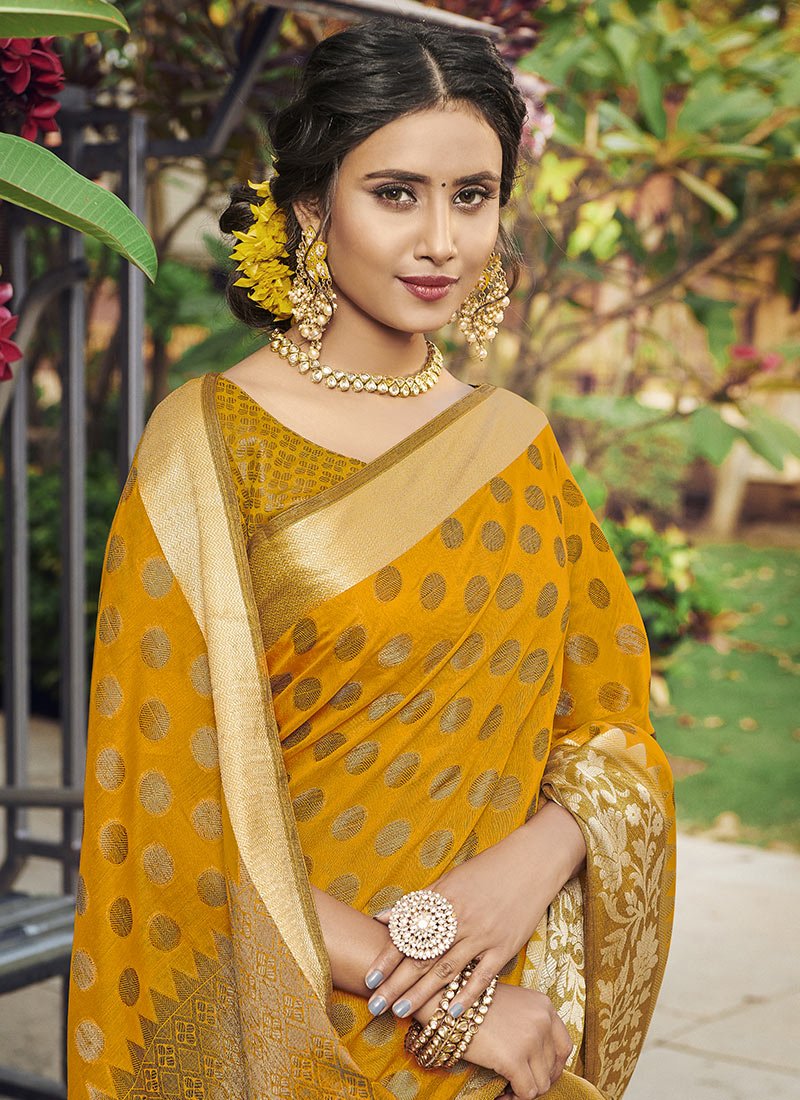 Dhiyona GR Women's Yashomati Medallion Yellow Zari Woven Design Chanderi Cotton Saree